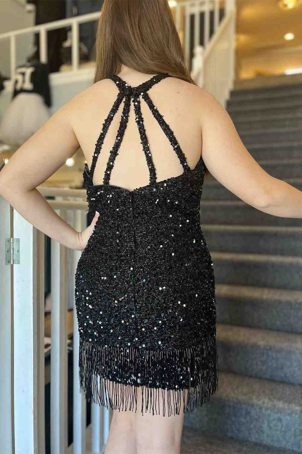 Short Mermaid Red Halter Sequin Homecoming Dress with Tassel