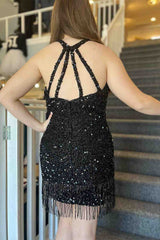 Short Mermaid Red Halter Sequin Homecoming Dress with Tassel