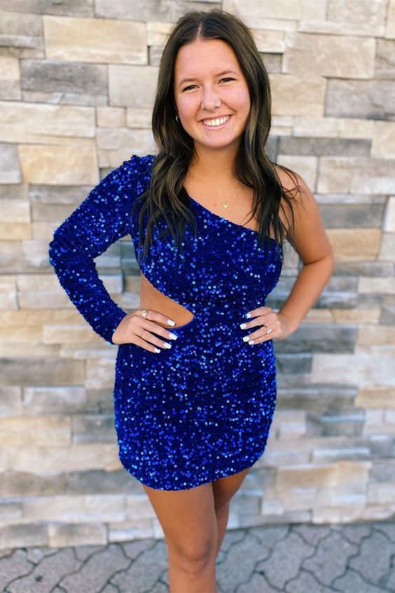 Long Sleeves One Shoulder Mermaid Sequin Homecoming Dress