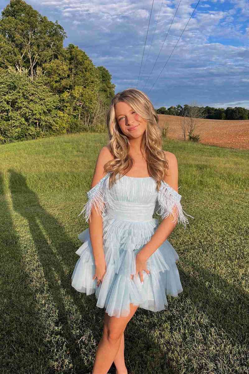 Short A-line Off the Shoulder Tulle Prom Dresses