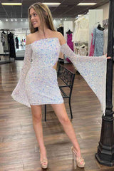 Mermaid Sequins White Long Sleeves Short Homecoming Dress
