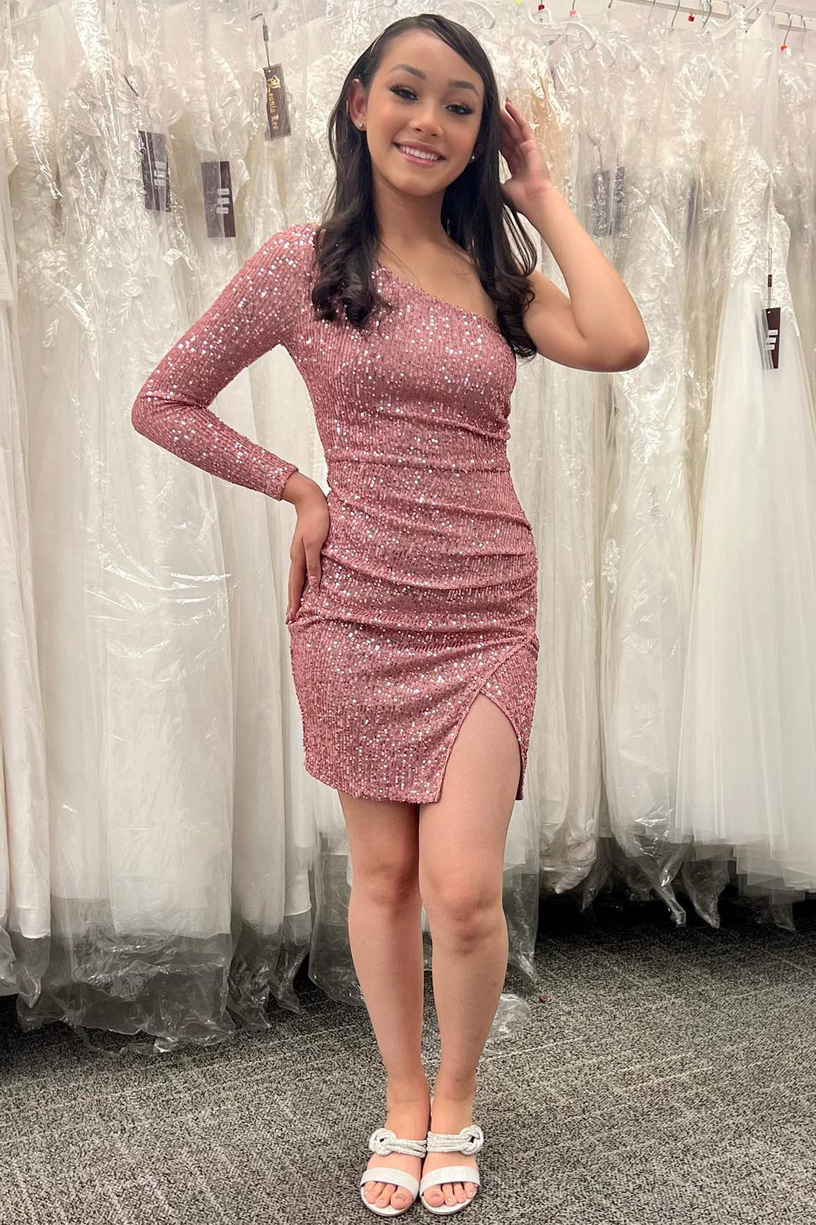 Mermaid One Shoulder Sequins Short Homecoming Dress with Sleeves