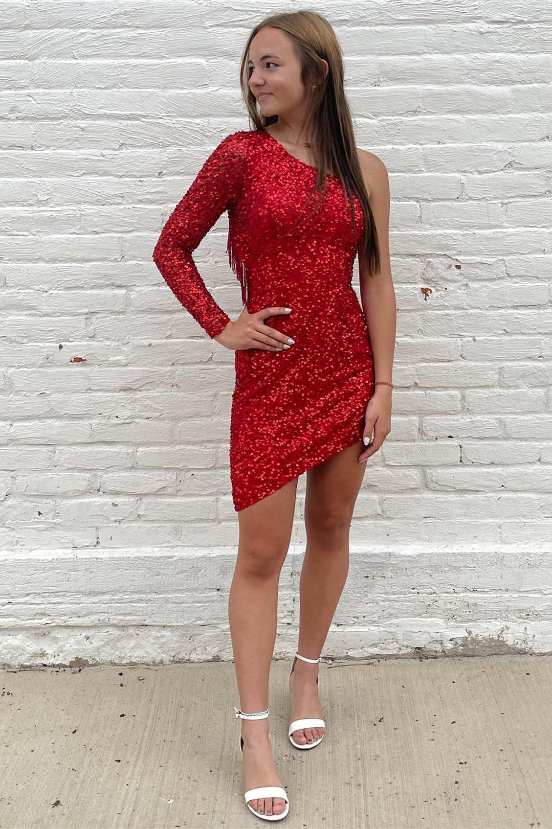 Short One Shoulder Long Sleeve Sequins Homecoming Dress with Tassels