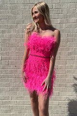 Strapless Red Mermaid Feathers Homecoming Dress with Beaded Belt