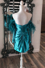 Short Mermaid Off the Shoulder Satin Homecoming Dress with Long Sleeves