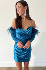 Short Mermaid Off the Shoulder Satin Homecoming Dress with Long Sleeves