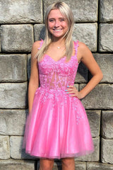 A-line V-neck Appliques Lace Tulle Party Homecoming Dress