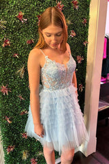 Sky Blue Tulle Spaghetti Straps A-Line Ruffle Homecoming Dress