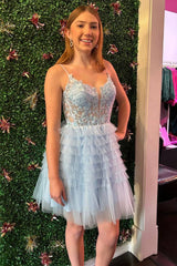Sky Blue Tulle Spaghetti Straps A-Line Ruffle Homecoming Dress