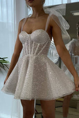 Sweetheart Tie Shoulder A-Line Sequin Short Party Dress