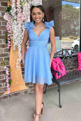 V-Neck Sky Blue Short Chiffon A-Line Party Dress