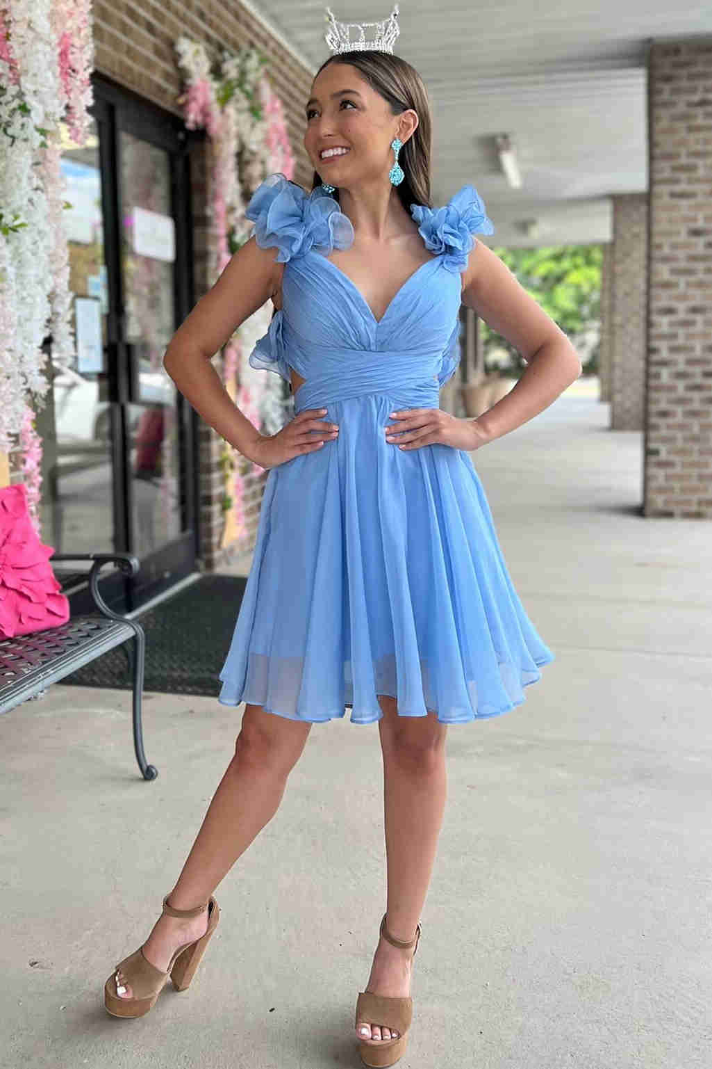 V-Neck Sky Blue Short Chiffon A-Line Party Dress