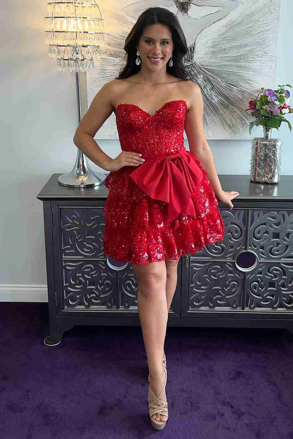 Red A-line Sequin Appliques Lace Short Party Dress with Bow