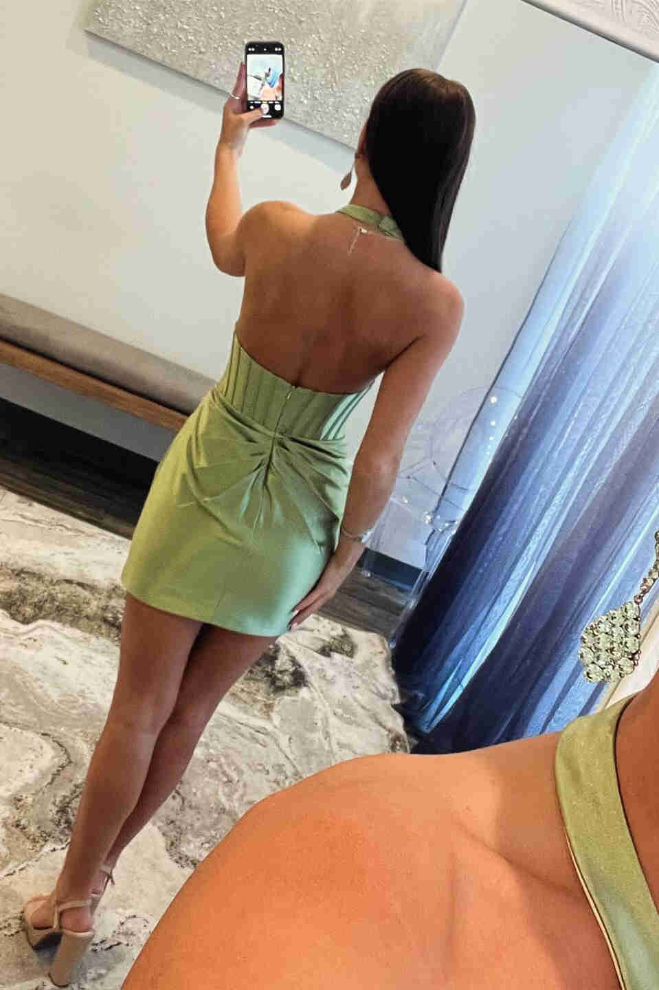 Short Halter Dusty Sage Mermaid Satin Cocktail Dress