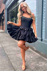 A-line Strapless Black Beaded Short Cocktail Dress with Bow