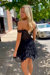 Sparkly Off the Shoulder Black A-line Ruffle Short Homecoming Dress