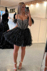 Glitter Black A-line Sweetheart Beaded Ruffle Short Homecoming Dress