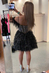 Glitter Black A-line Sweetheart Beaded Ruffle Short Homecoming Dress