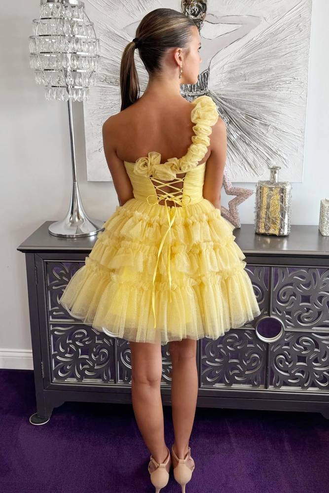 A-line Yellow One Shoulder Ruffle Short Party Dress