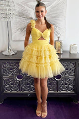 A-line Yellow One Shoulder Ruffle Short Party Dress