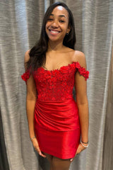 Short Off the Shoulder Red Satin Mermaid Homecoming Dress with Flowers