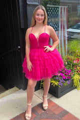 Short Sweetheart Fuchsia Tulle Tiered A-Line Homecoming Dress