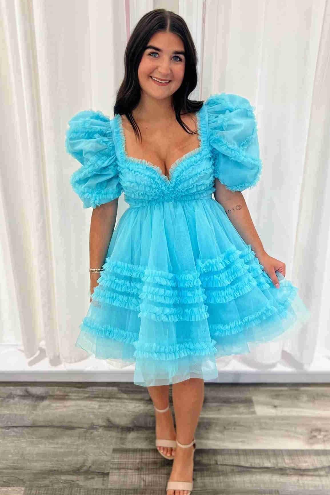 A-line Sweetheart Balloon Sleeves Ruffle Short Homecoming Dress