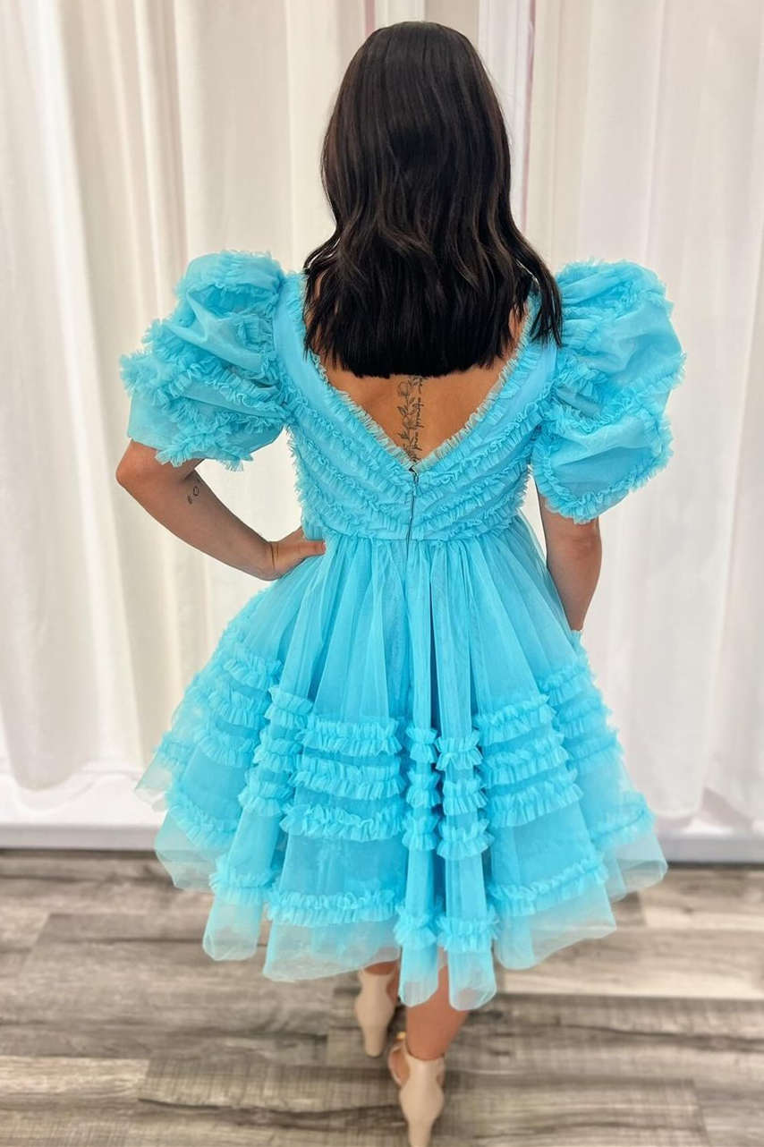 A-line Sweetheart Balloon Sleeves Ruffle Short Homecoming Dress