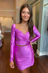 Mermaid V-Neck Pleated Two Piece Short Homecoming Dress with Long Sleeves