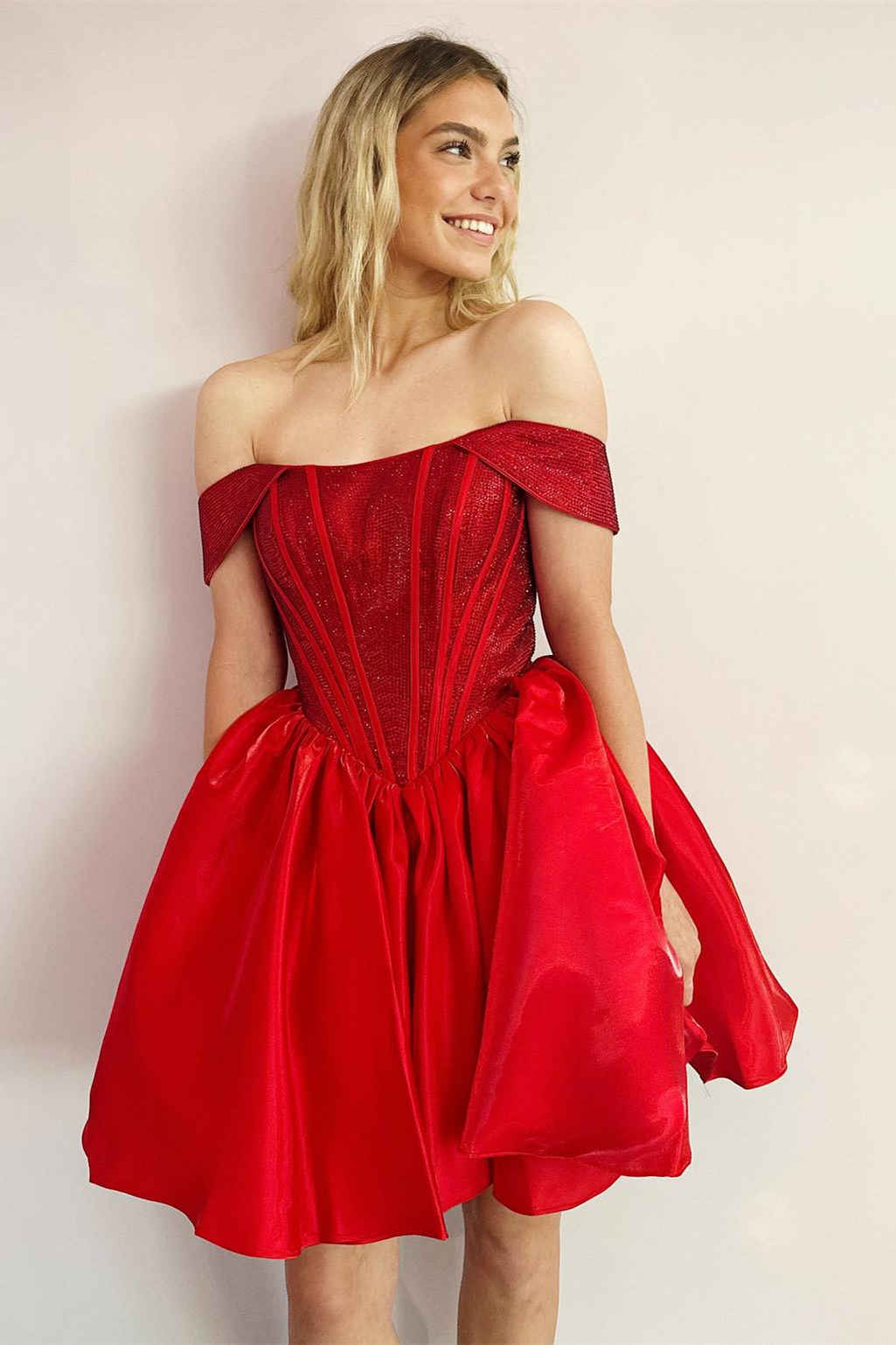 Cute Off the Shoulder Red Beaded Satin A-Line Party Dress