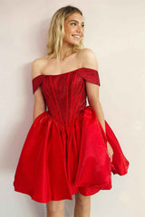 Cute Off the Shoulder Red Beaded Satin A-Line Party Dress