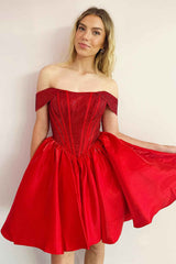 Cute Off the Shoulder Red Beaded Satin A-Line Party Dress
