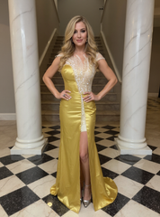 Mermaid Sleeveless Satin Gold Long Evening Dresses with Beaded
