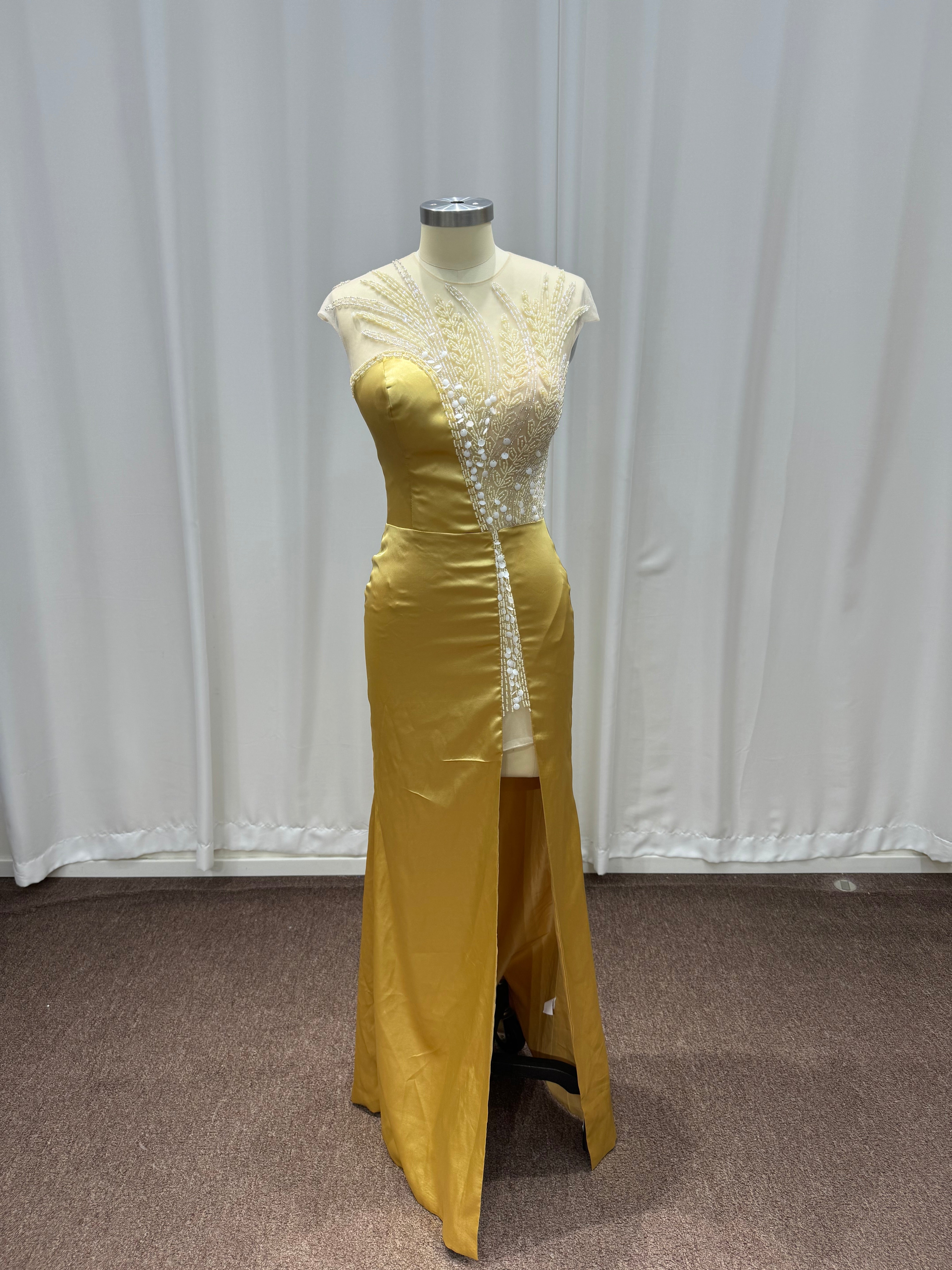 Mermaid Sleeveless Satin Gold Long Evening Dresses with Beaded
