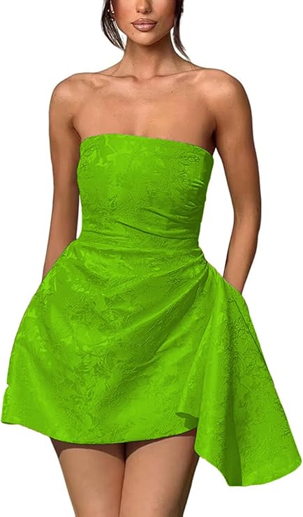 A-line Strapless Jacquard Satin Asymmetrical Lace up Sleeveless Short Homecoming Dress