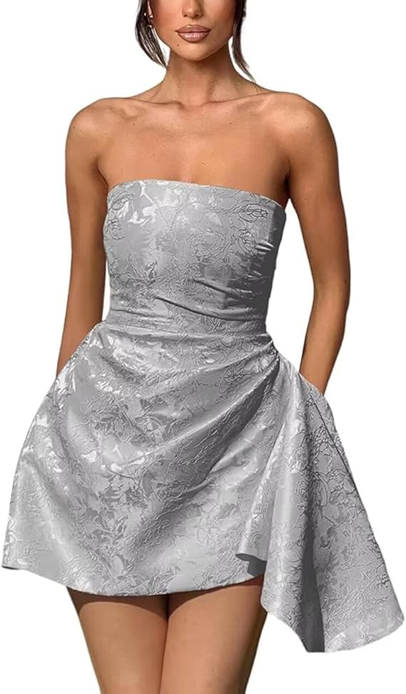 A-line Strapless Jacquard Satin Asymmetrical Lace up Sleeveless Short Homecoming Dress