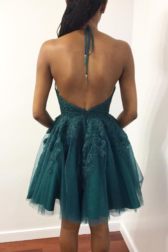 A-line Halter Lace Appliques Open Back Short Homecoming Dress