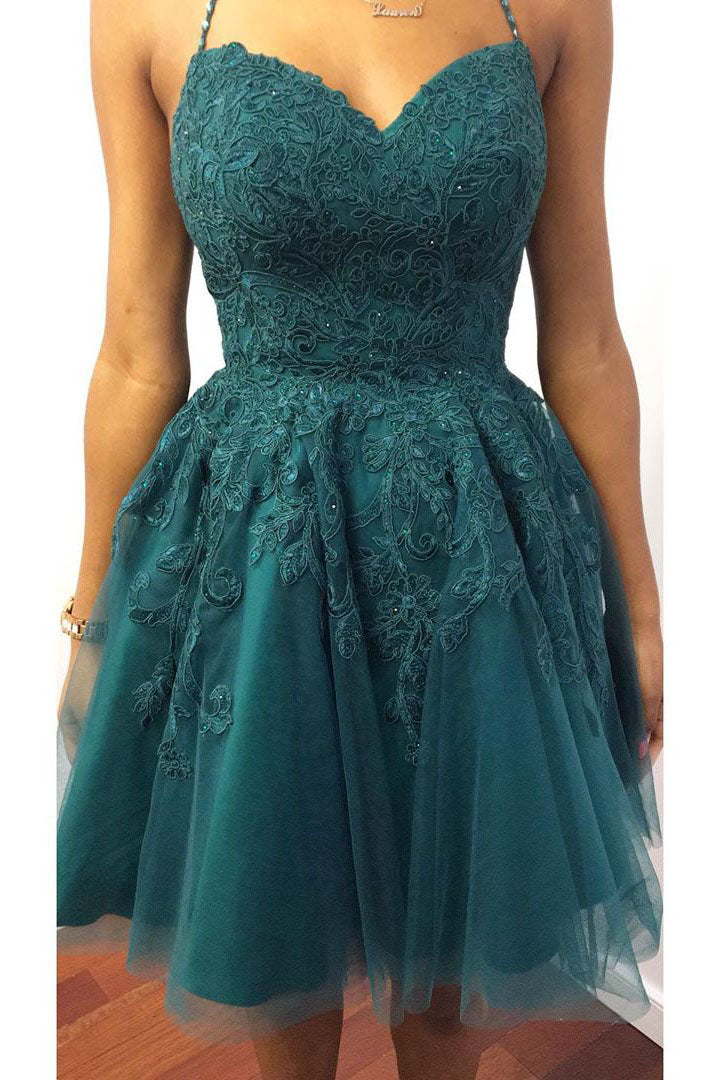 A-line Halter Lace Appliques Open Back Short Homecoming Dress