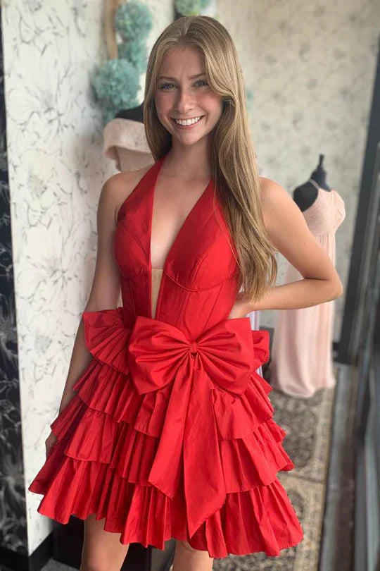 Halter A-line V-Neck Ruffle Homecoming Dress with Bow