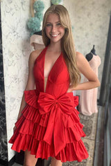 Halter A-line V-Neck Ruffle Homecoming Dress with Bow