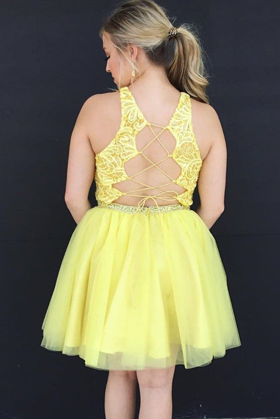 A-line Halter Yellow Tulle Lace Short Homecoming Dress