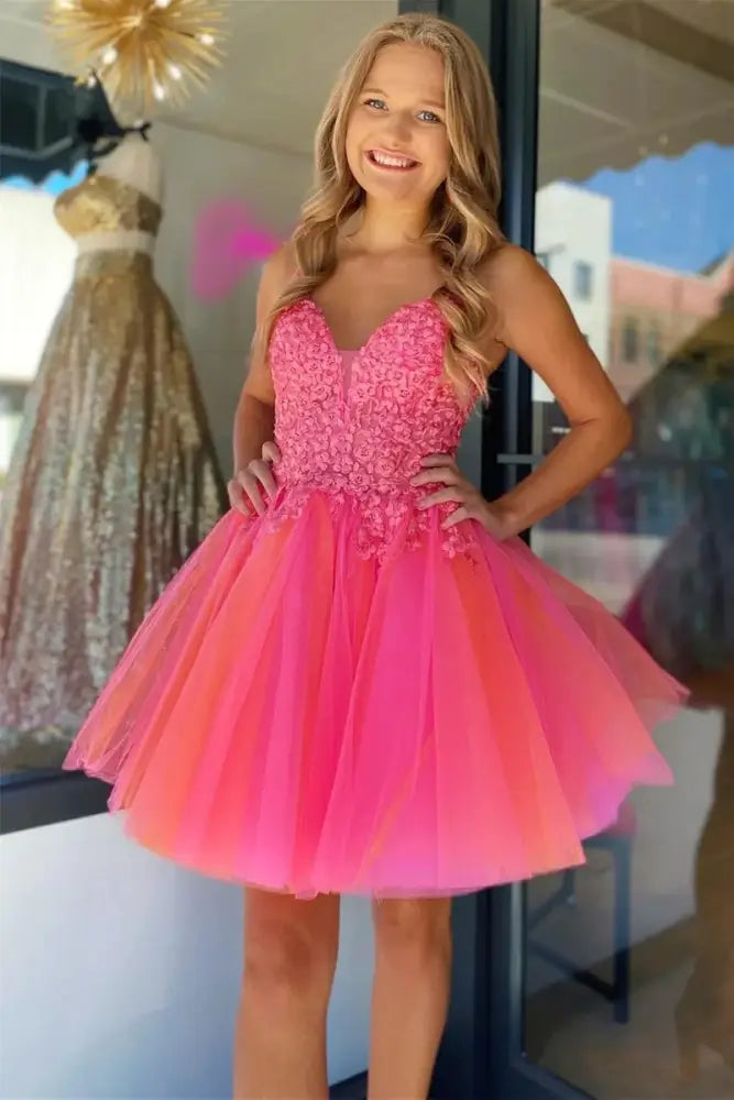 A-line Spaghetti Straps Tulle Backless Homecoming Dress with Applique Lace