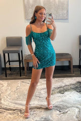 Short Mermaid Sequins Off the Shoulder Straps Homecoming Dress with Tassels