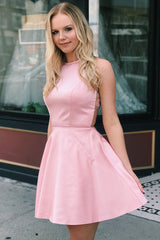 Beautiful A-line Satin Jewel Neck Beaded Homecoming Dress with Pockets
