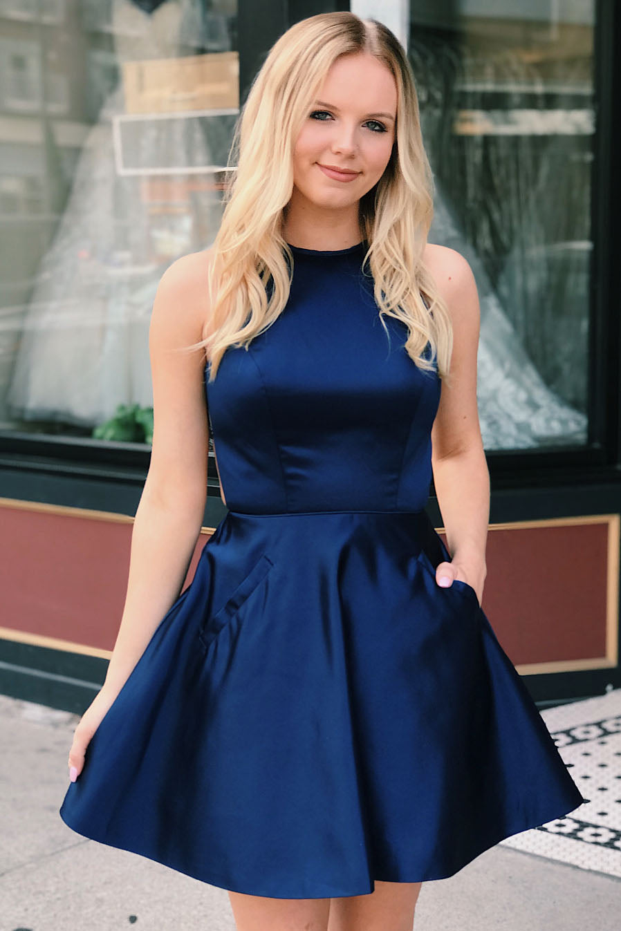 Beautiful A-line Satin Jewel Neck Beaded Homecoming Dress with Pockets