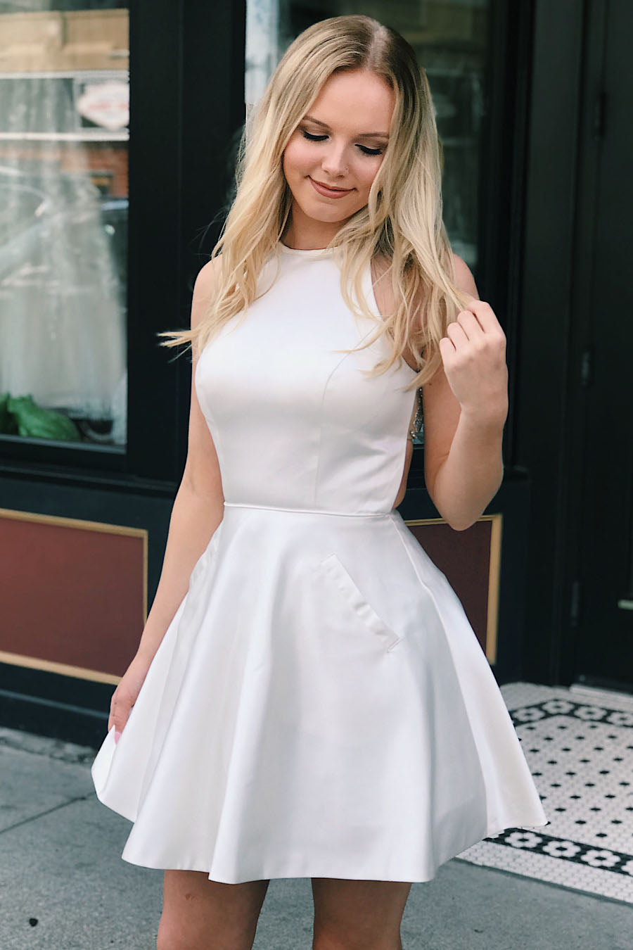 Beautiful A-line Satin Jewel Neck Beaded Homecoming Dress with Pockets