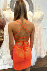 Orange Sequin Short Mermaid Homecoming Dress with Slit