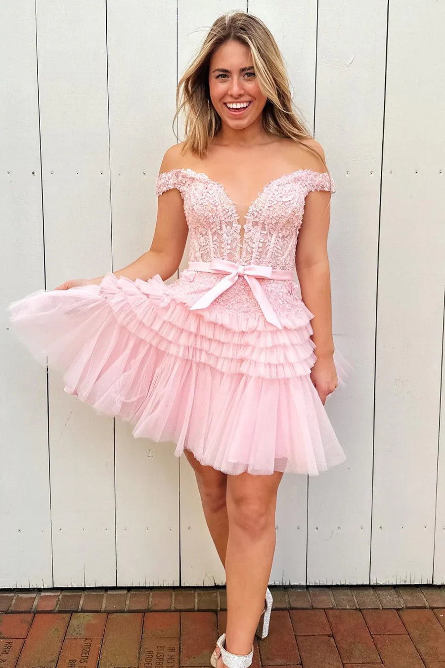 Short A-line Off the Shoulder Ruffle Homecoming Dress with Bow