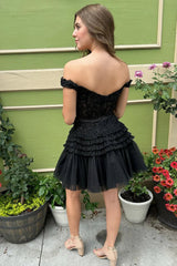 Short A-line Off the Shoulder Ruffle Homecoming Dress with Bow