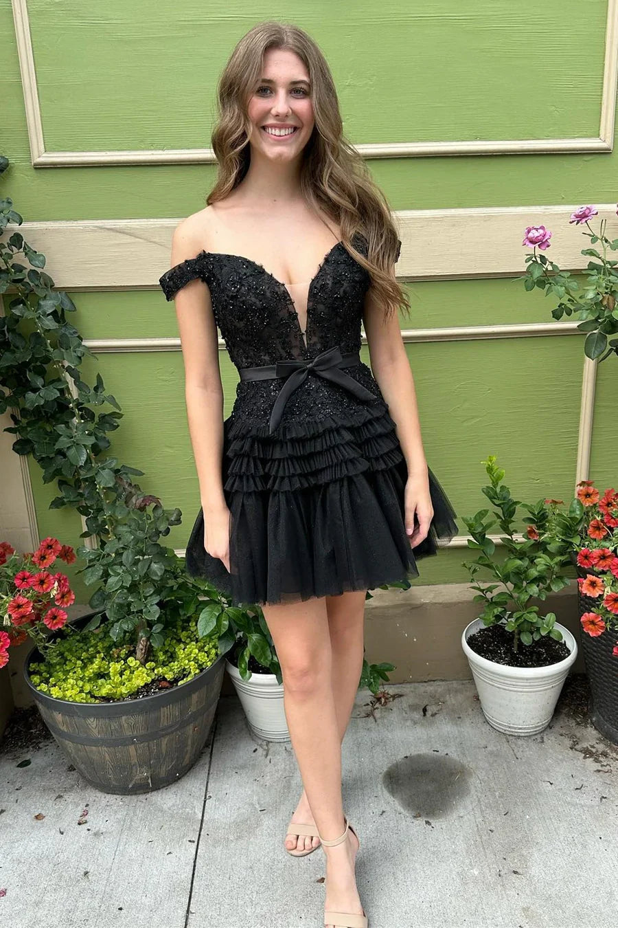 Short A-line Off the Shoulder Ruffle Homecoming Dress with Bow
